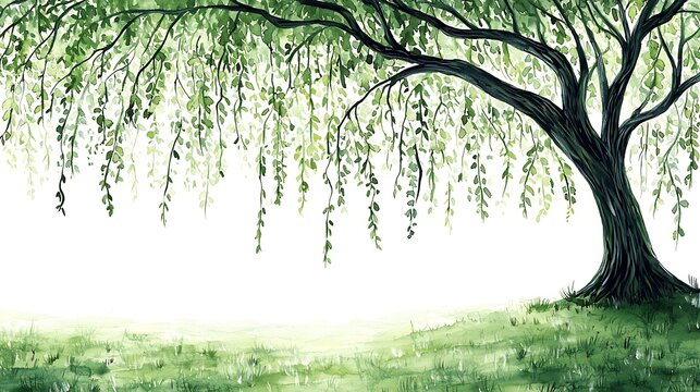 Watercolor Painting of a Weeping Willow Tree Overlooking a Verdant Meadow.