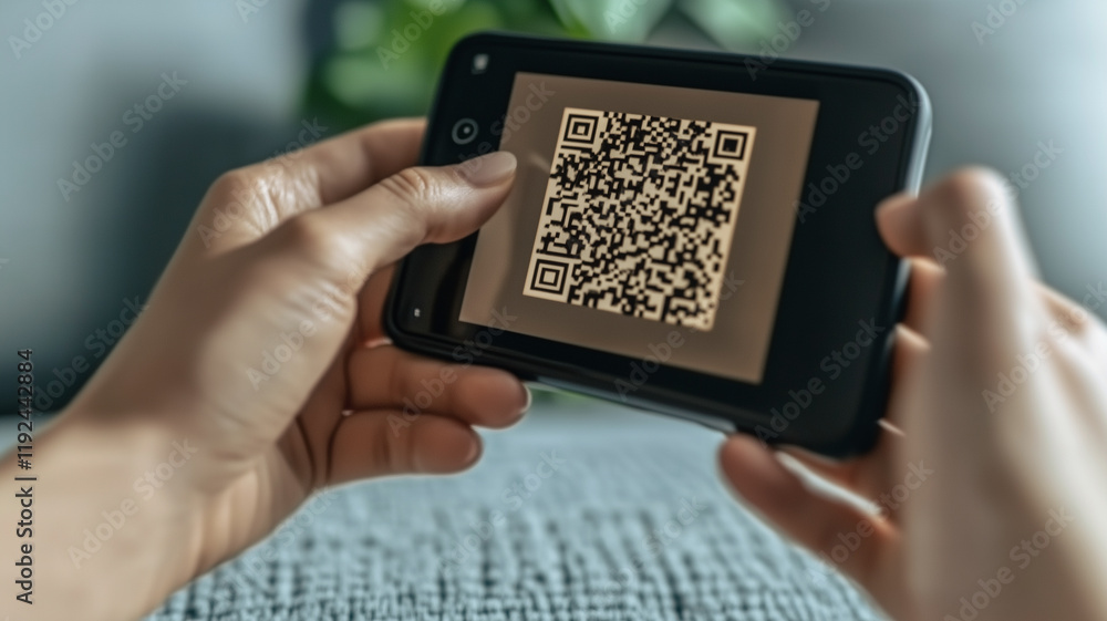Poster scanning a qr code: close-up view of hands holding a smartphone, carefully scanning a qr code displa