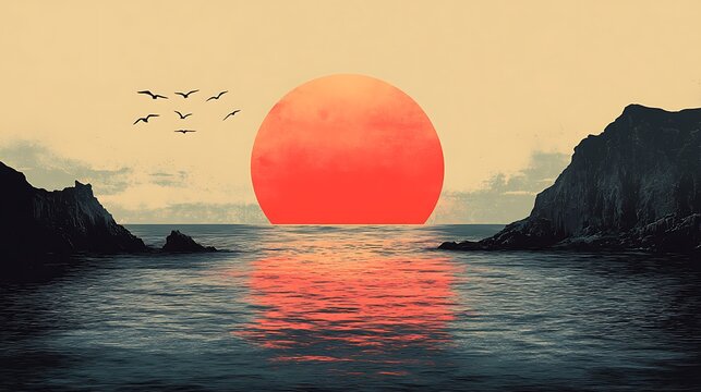 Stylized vector graphic of a vintage radio transforming into a radiant sunrise over a calm ocean, symbolizing the start of a new day ::2 radio dawn, coastal vibes, tranquil landscapes, nostalgic 