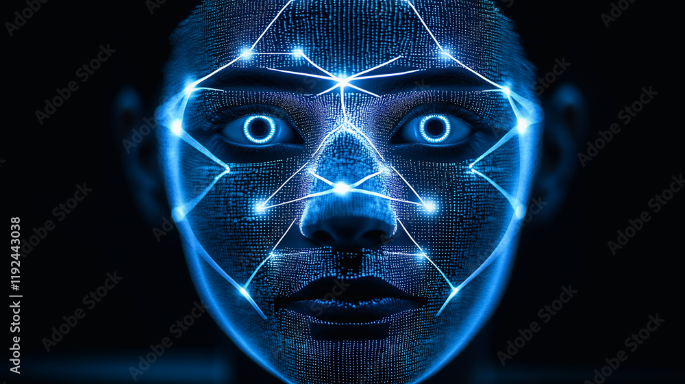 Poster biometric scan: close-up of a stylized face with glowing blue lines forming a futuristic biometric s