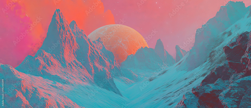Poster surreal landscape with vibrant colors, expanding horizons, and dynamic forms in a dreamlike setting