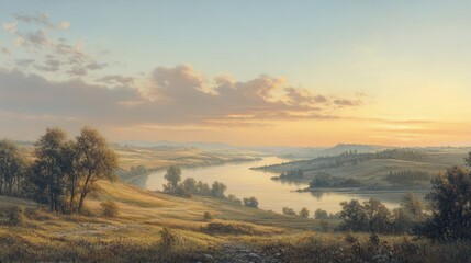 Obraz premium Serene Sunset Landscape: River Valley at Golden Hour