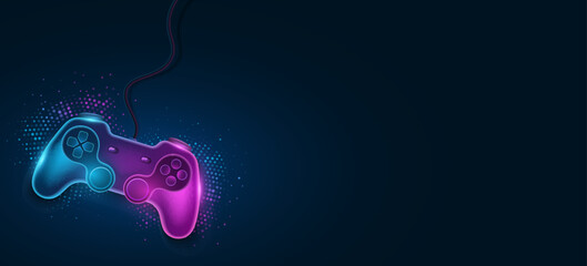 Neon gamepad with wire for video game. Modern joystick with glow and halftone effect for game console. Background for eSports event. Vector illustration. EPS 10 © sersupervector