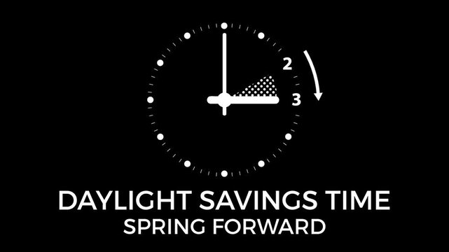 Animated illustration of a simple clock showing the time change when daylight savings time start in the spring.