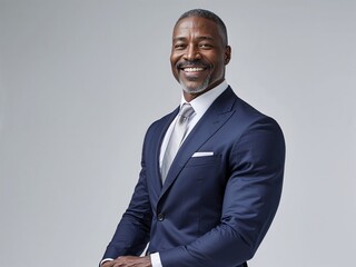 portrait of a middle age black businessman wearing a dark blue suit, smiling, professional