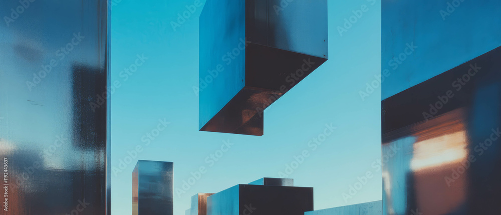 Poster exploration of abstract metal shapes and geometric forms in modern industrial art setting