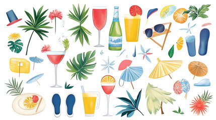 Tropical motifs featuring cocktails, palm leaves, and summer accessories evoke vibrant beach atmosphere