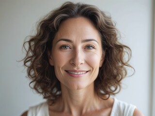 middle age western woman with curly hair, smiling, portrait