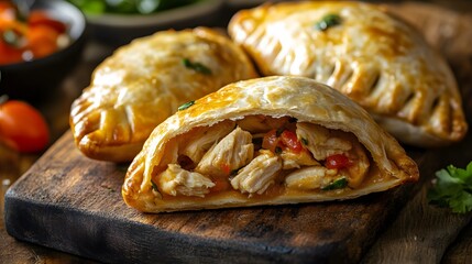 Golden Brown Chicken Empanadas On Wooden Board