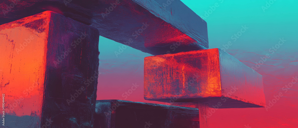 Poster exploring retro-futuristic concepts with abstract geometric shapes in vibrant colors