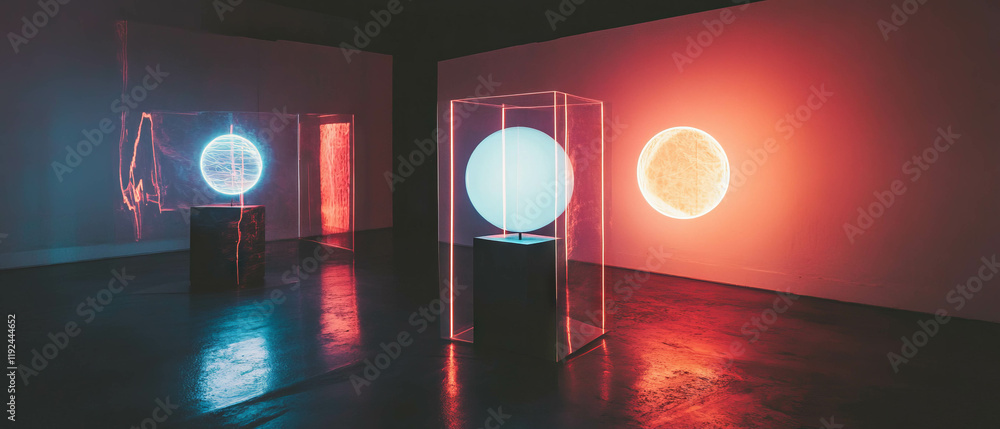 Poster dynamic interplay of abstract sculptures with neon lights in modern art exhibit