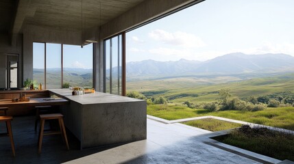 Industrial-style gray kitchen with a concrete bar counter and panoramic windows showcasing nature.