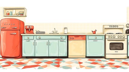Illustration of a Retro 1950s Kitchen with Pastel Green Cabinets, Red Appliances, and Geometric Floor Tiles.