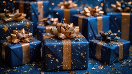Arrangement of blue and gold presents with stars and confetti on a blue background  