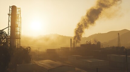 Industrial plant surrounded by smoke and haze under a cloudy sky.