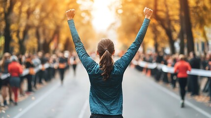 A marathon runner with a joyful expression after crossing the finish line, hands raised in triumph, the crowd blurred in the background