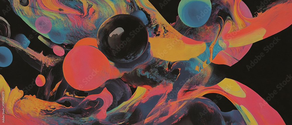 Poster Colorful abstract symbols intertwine in a dynamic composition