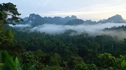 Obraz premium Layers of mist and clouds wrapping around forested mountains.
