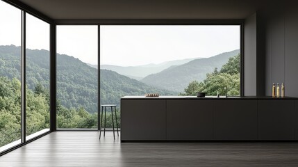 Luxury gray kitchen featuring a sleek bar counter and expansive glass windows for a modern ambiance.