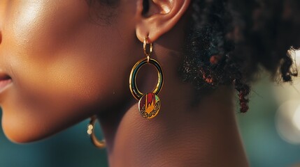 A woman wearing gold earrings with a colorful design
