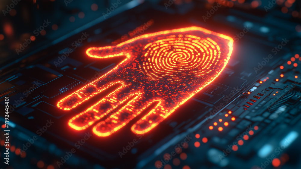 Poster biometric security hand: a fiery orange fingerprint hand emerges from a technological circuit board 