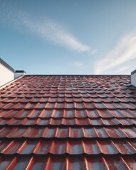 Fototapeta premium Dark red metal roof tiles create a striking aesthetic for a residential building