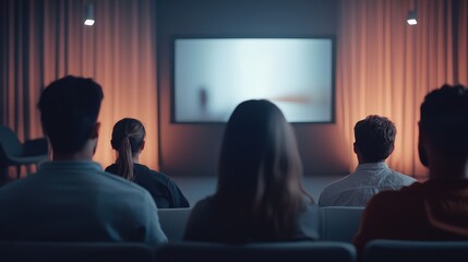 Silhouetted audience seated in a dimly lit theater watching a large movie screen, symbolizing cultural engagement. Perfect for cinema, entertainment, and community themes.