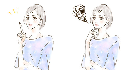 ひらめく表情と悩む女性のイラストセット　ブルー