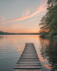 Serene lakeside with wooden dock extending into calm water at sunset