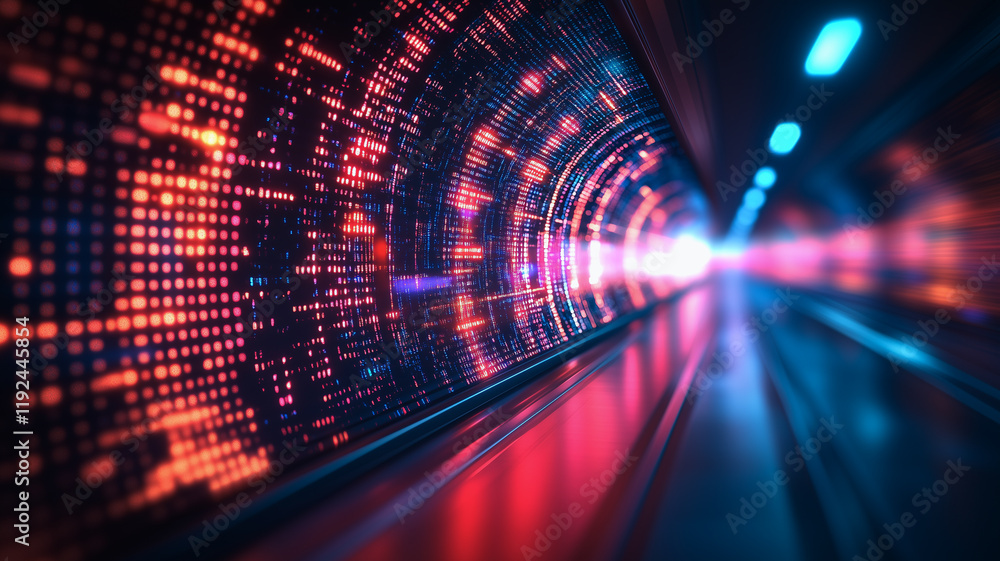 Poster digital tunnel: data streams flow through a vibrant neon tunnel, creating a mesmerizing visual repre