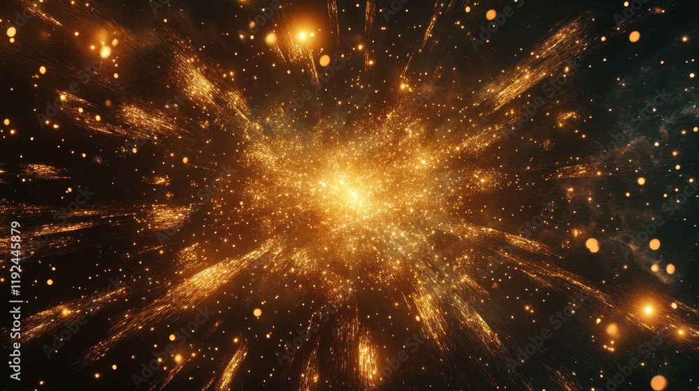 Poster golden explosion of light abstract background with sparkling particles and glowing radiance