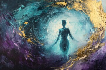 Fototapeta premium Abstract art depicting a silhouette of a figure surrounded by vibrant swirling colors, representing themes of spirituality, transformation, and personal growth in a dreamlike landscape.
