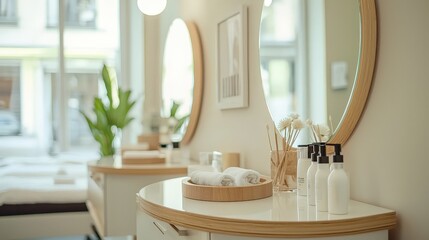 Minimalist spa interior with neutral colors, wooden accents, and natural light, featuring towels and plants, symbolizing elegance and tranquility. Perfect for wellness and self-care themes.