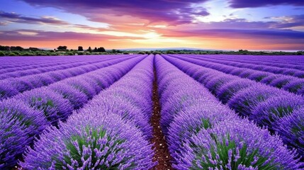 Obraz premium Breathtaking lavender fields at sunset create a tranquil atmosphere in a vibrant landscape of purple blossoms