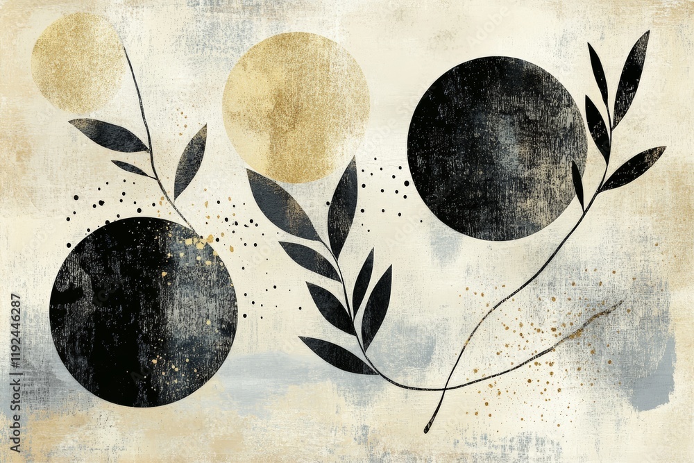 Poster abstract art featuring black circular shapes and botanical elements on a textured background, perfec