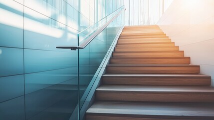 Fototapeta premium Modern staircase with wooden steps and glass railing, illuminated by natural light, showcasing sleek, minimalist design. Perfect for contemporary architecture and interior design themes.