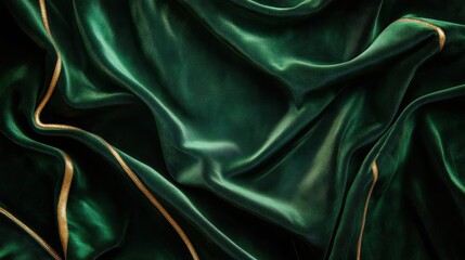 Obraz premium Emerald Green Velvet Fabric with Gold Trim Luxurious Abstract Background.