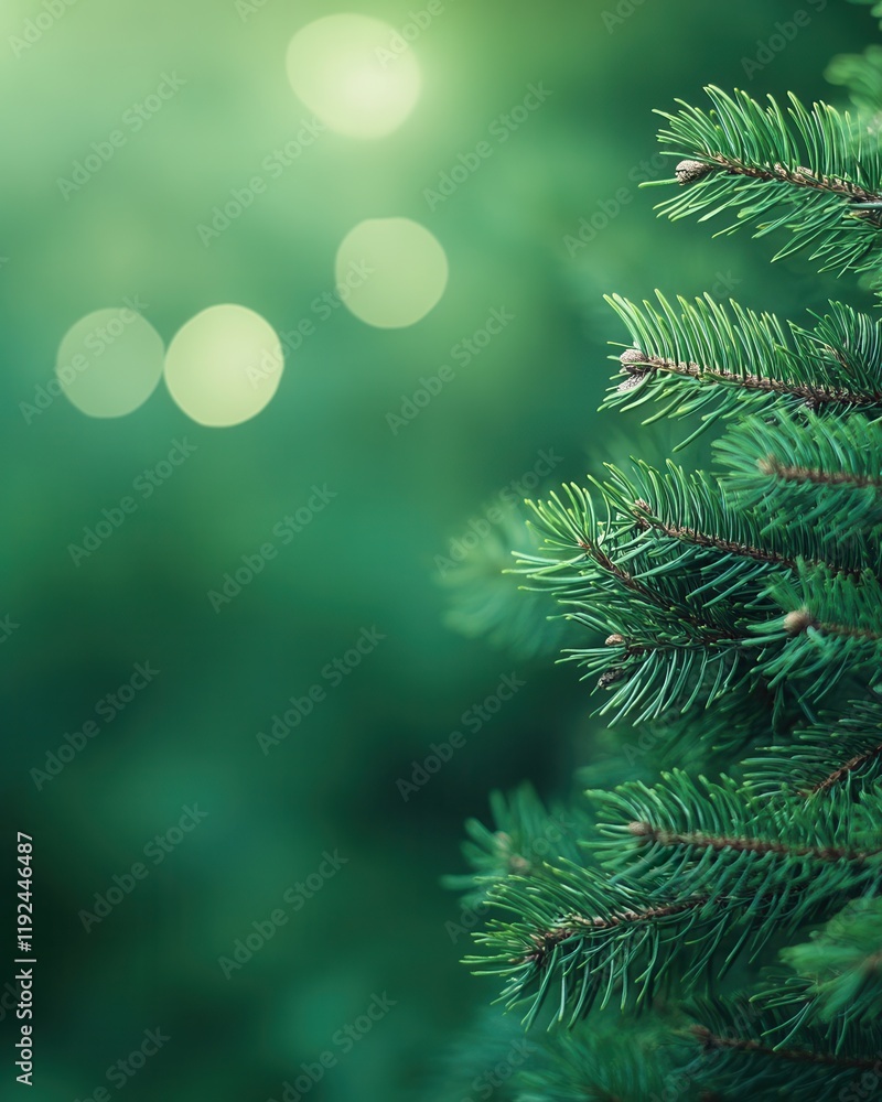 Poster close-up of green pine tree branches with bokeh lights, evergreen forest texture.