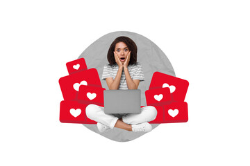 Photo picture creative 3d collage artwork of worried lady shocked amount instagram facebook likes...
