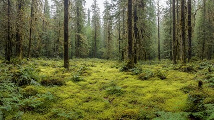 Moss-covered forest floor under a canopy of foggy trees.