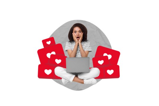 Photo picture creative 3d collage artwork of worried lady shocked amount instagram facebook likes isolated on drawing background