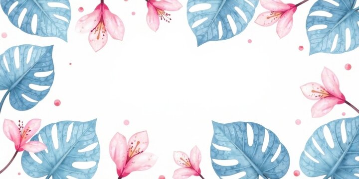 Serene watercolor floral border featuring delicate pink blossoms and tranquil blue tropical leaves, perfect for elegant invitations or announcements.