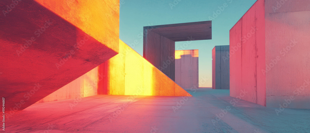 Aufkleber Angular lines and geometric volumes create an abstract architectural landscape at dusk