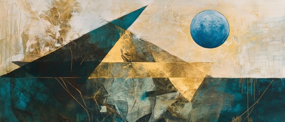 Abstract art featuring geometric shapes, a blue planet, and a landscape with pyramids, symbolizing exploration, creativity, and modern artistic expression.