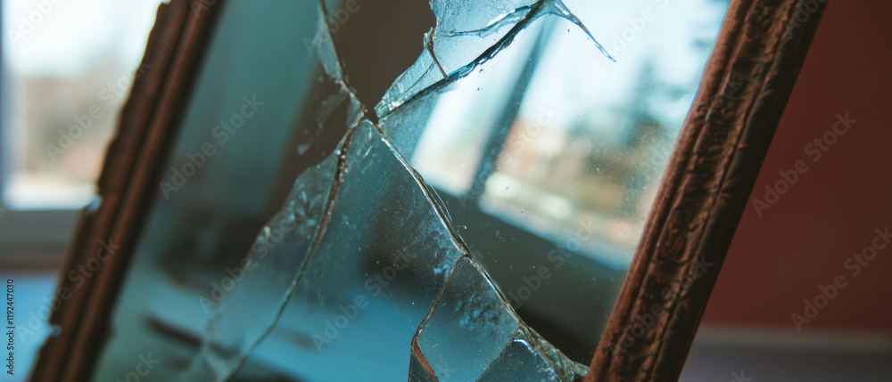 Aufkleber antique mirror with cracks reflecting a distorted view of a forgotten space