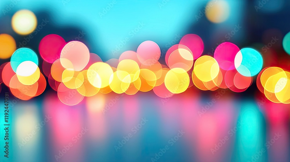 Poster Blurred abstract background idea. A vibrant bokeh effect capturing colorful lights in an urban nighttime scene.