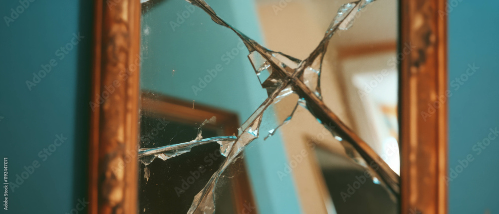 Aufkleber antique mirror reflecting history through its cracked surface and distorted image