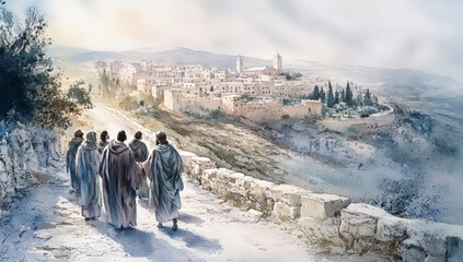 Fototapeta premium Watercolor depiction of Jesus teaching disciples on an ancient road in Jerusalem amidst misty hills
