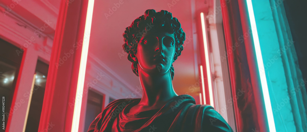Poster architectural statues illuminated by neon frames in an urban art setting