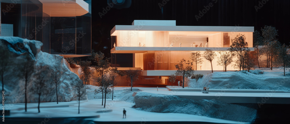 Poster architectural models showcase innovative design with abstract forms and lighting effects